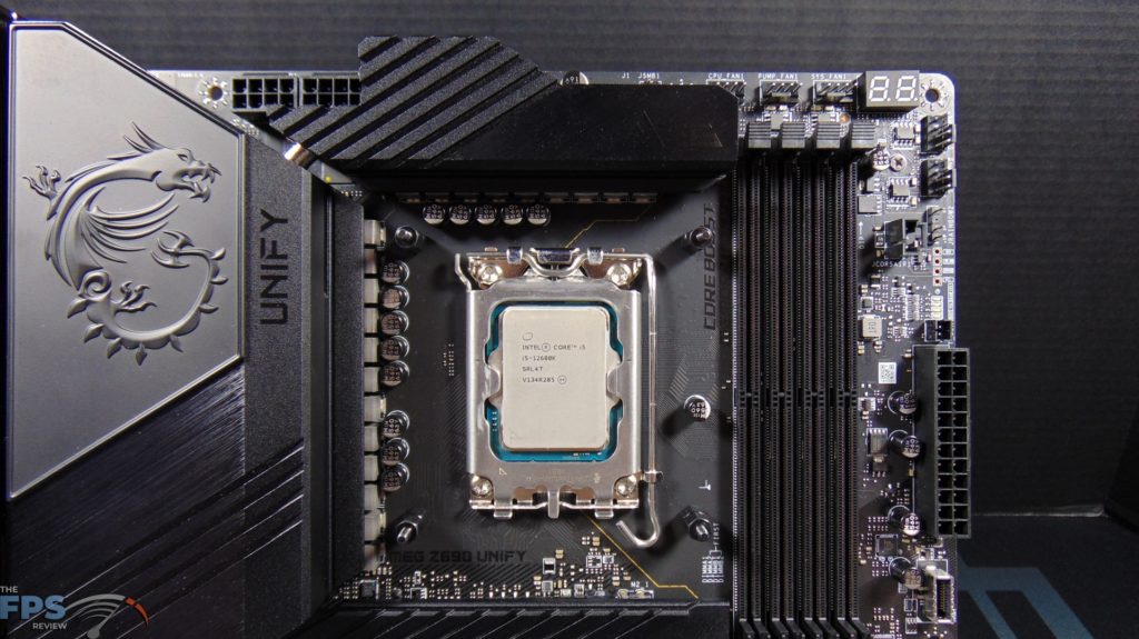 MSI MEG Z690 Unify Motherboard front view closeup of Intel Core i5-12600K in socket