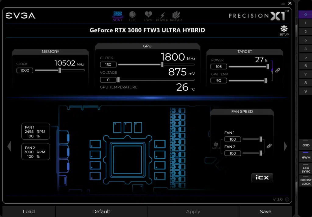 EVGA GeForce RTX 3080 FTW3 ULTRA HYBRID GAMING Video Card EVGA Precision X1 Software Overclock