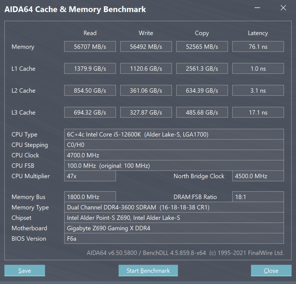 Intel Core i5-12600K Alder Lake DDR4 vs DDR5 Performance DDR4 AIDA64 Cache and Memory Benchmark