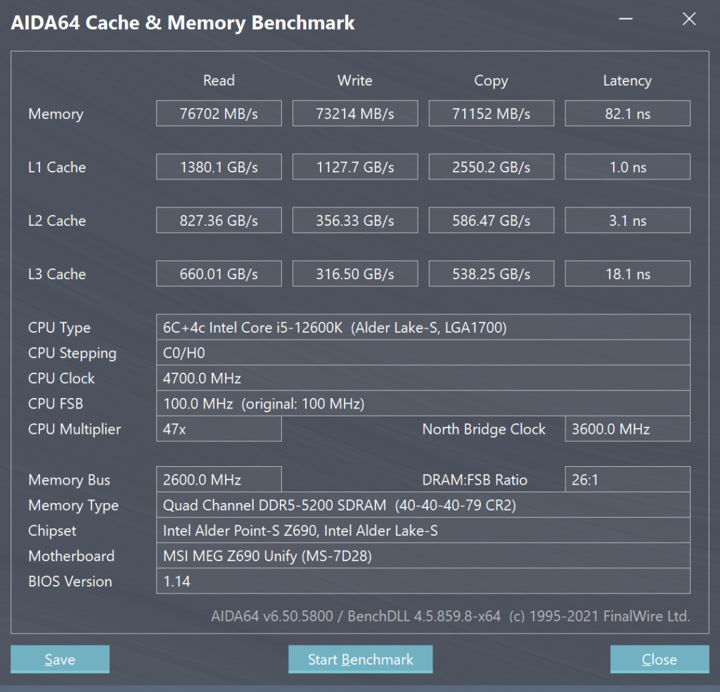 Intel Core i5-12600K Alder Lake DDR4 vs DDR5 Performance DDR5 AIDA64 Cache and Memory Benchmark