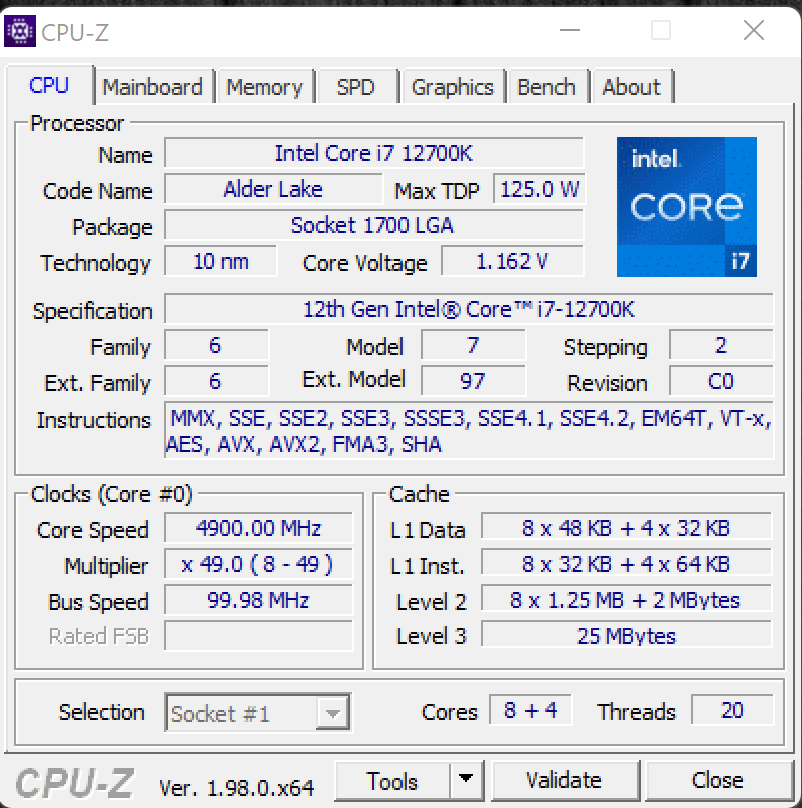 CPUz with Intel Core i7-12700K Installed