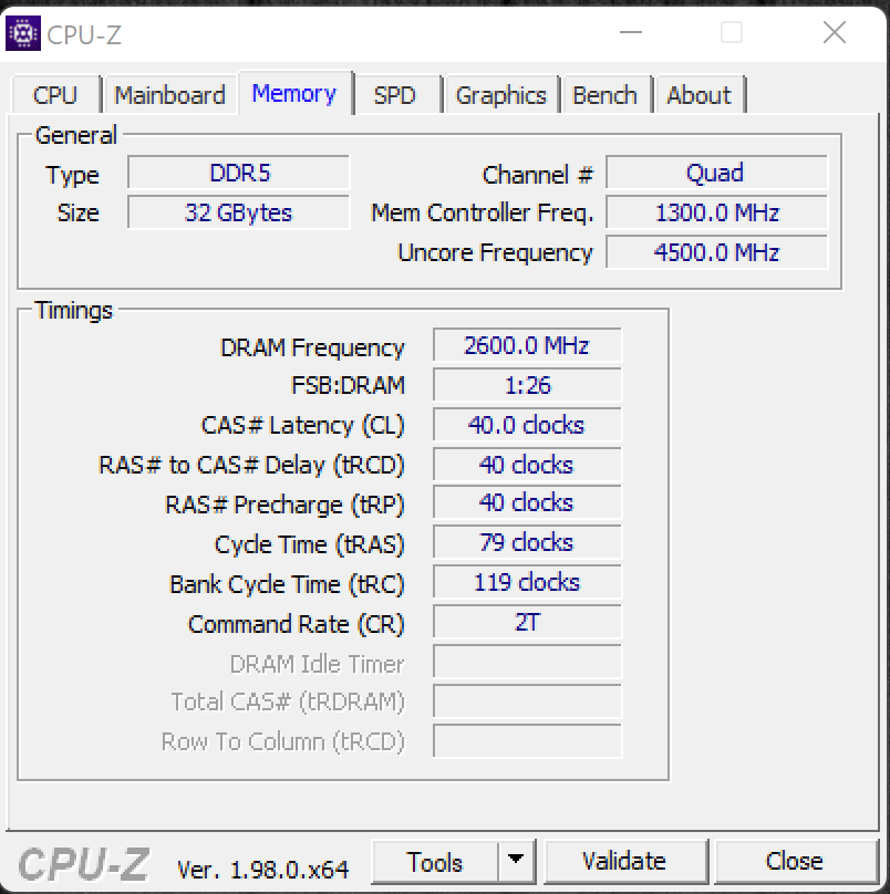 CPUz Memory Tab with Intel Core i7-12700K Installed