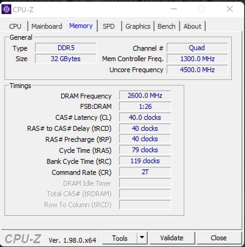 CPUz Memory Tab with Intel Core i7-12700K Installed