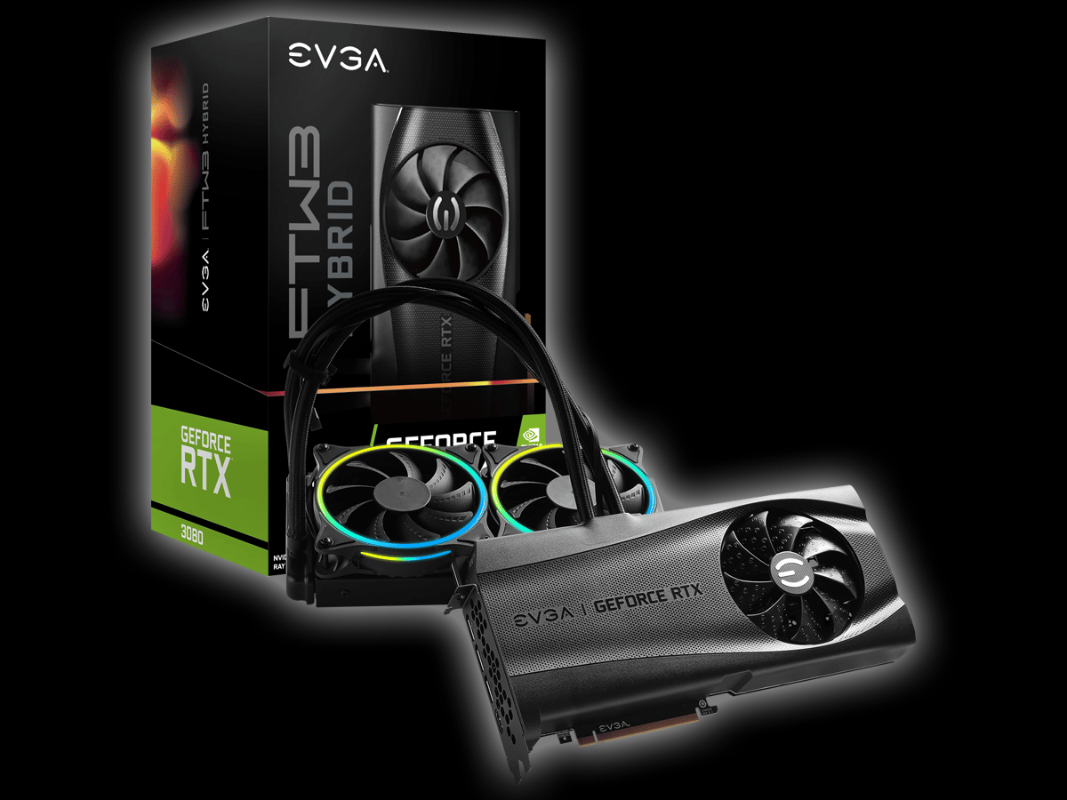 EVGA GeForce RTX 3080 FTW3 ULTRA HYBRID GAMING Video Card and Box