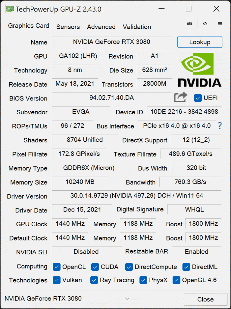 EVGA GeForce RTX 3080 FTW3 ULTRA HYBRID GAMING Video Card Default GPUz