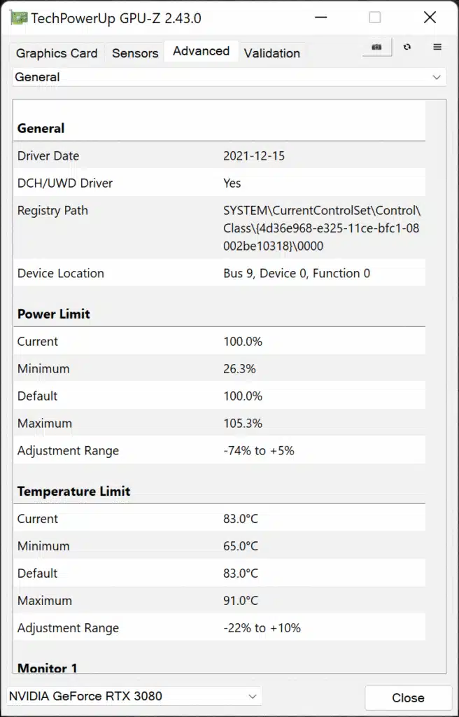EVGA GeForce RTX 3080 FTW3 ULTRA HYBRID GAMING Video Card Default GPUz Data