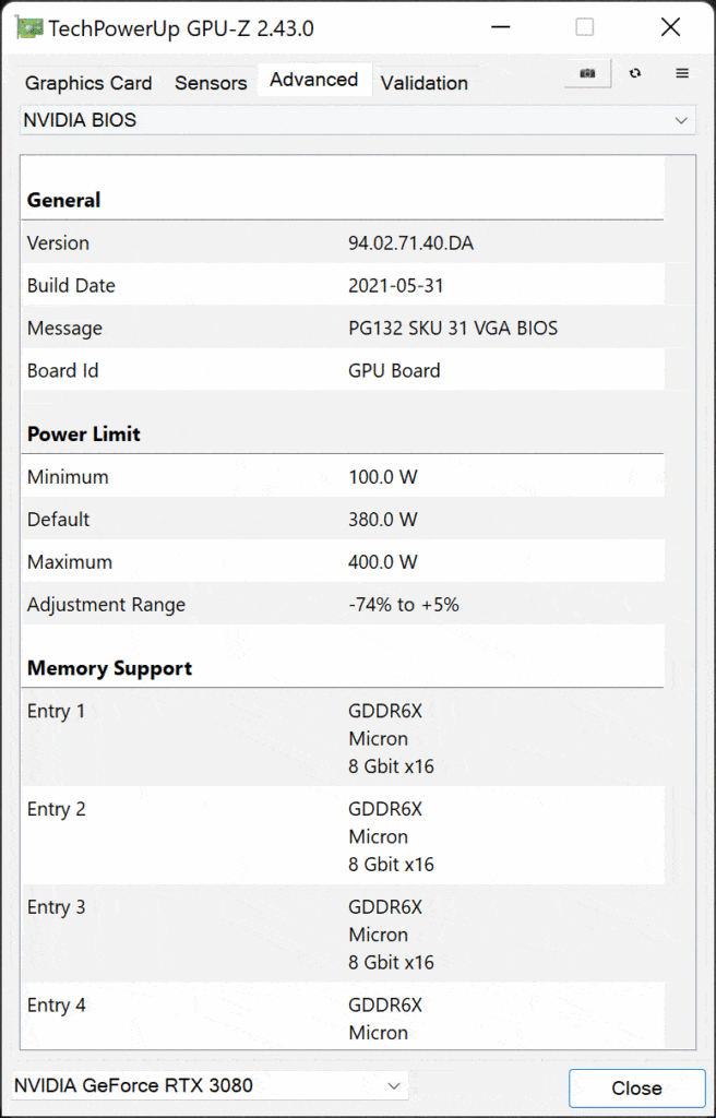 EVGA GeForce RTX 3080 FTW3 ULTRA HYBRID GAMING Video Card Default GPUz Power Data