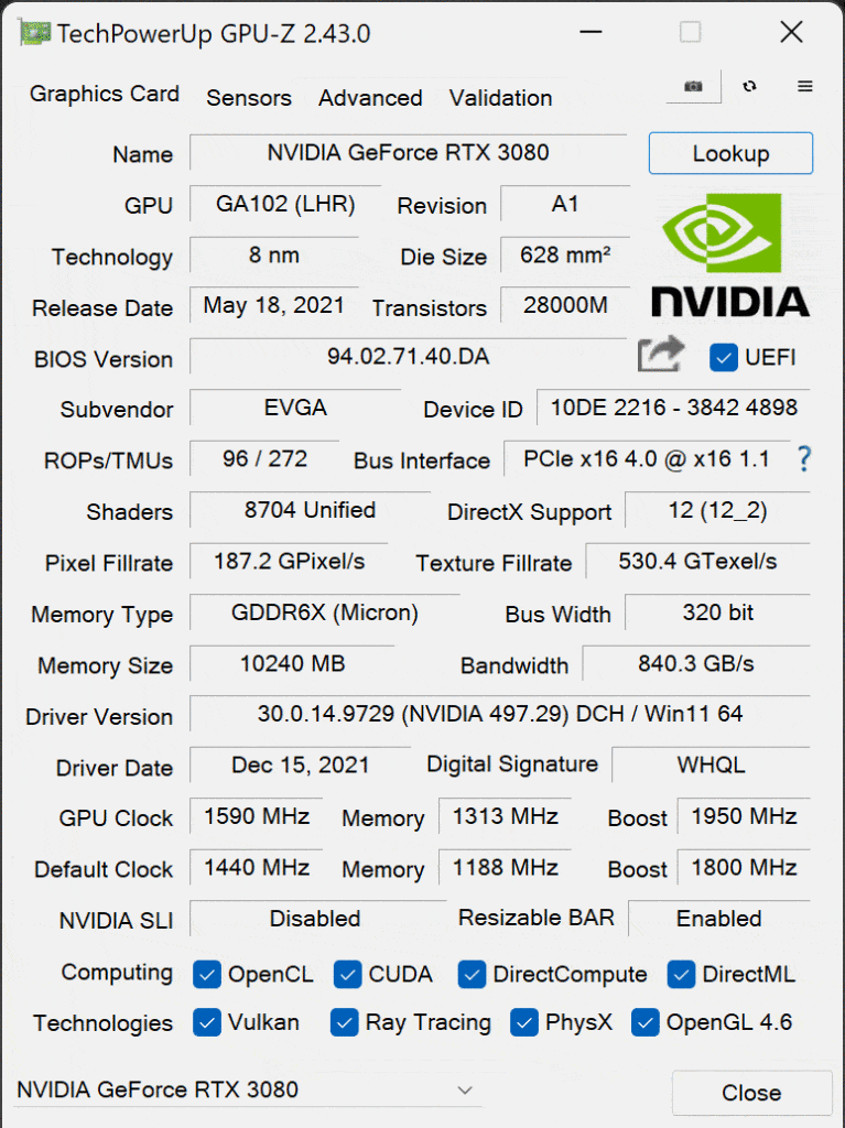 EVGA GeForce RTX 3080 FTW3 ULTRA HYBRID GAMING Video Card Overclocked GPUz