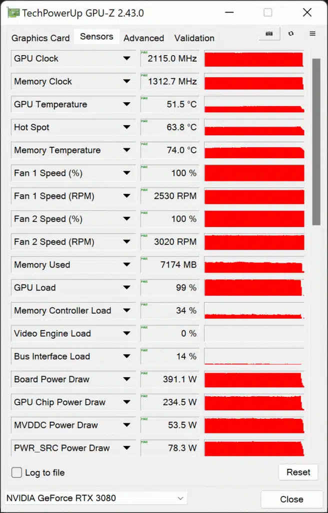 EVGA GeForce RTX 3080 FTW3 ULTRA HYBRID GAMING Video Card Overclocked GPUz Sensor Data