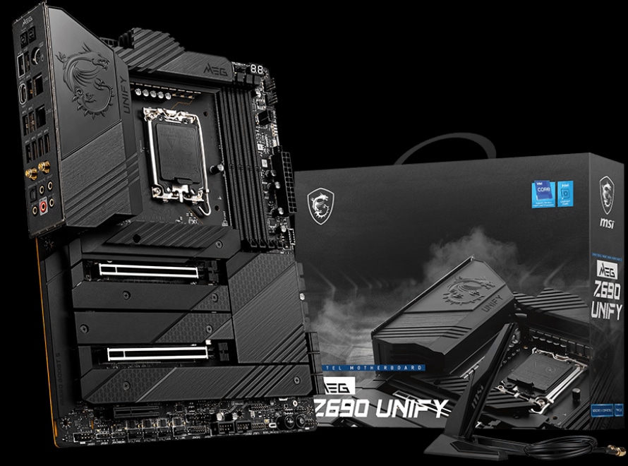 MSI MEG Z690 UNIFY Motherboard and Box on Black Background
