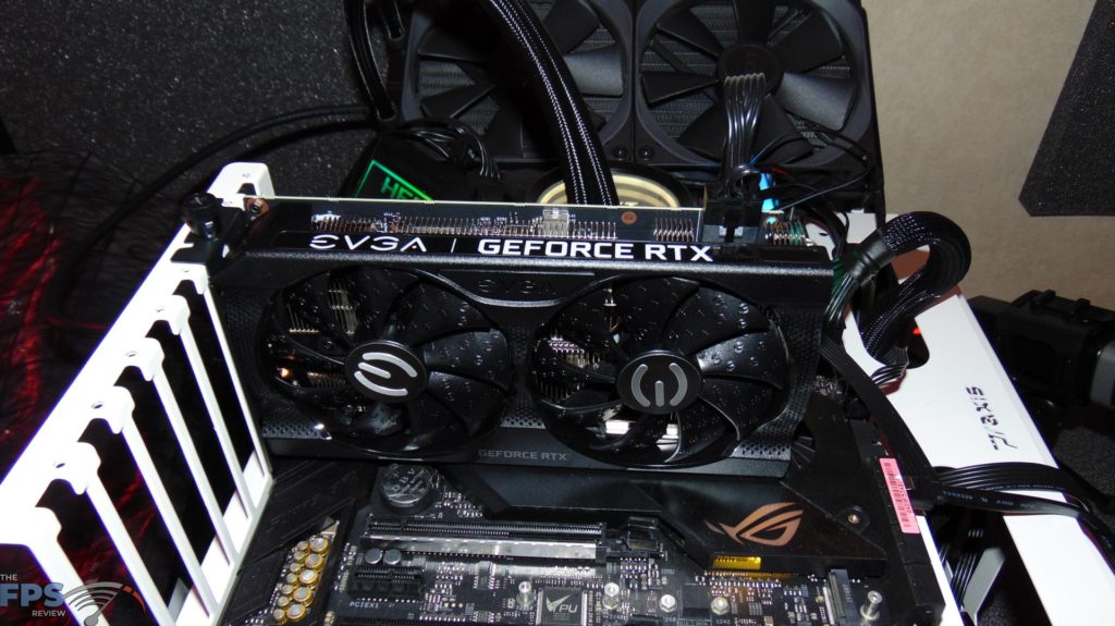 EVGA GeForce RTX 3050 XC BLACK GAMING video card installed in computer system top angled view