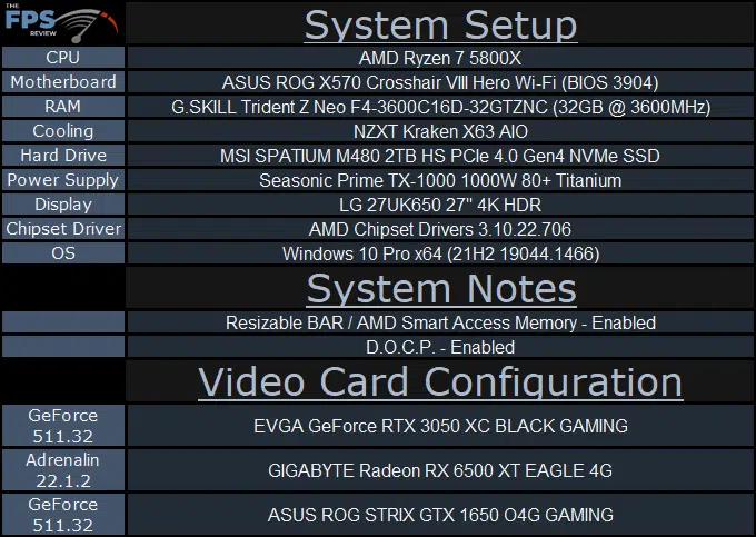 EVGA GeForce RTX 3050 XC BLACK GAMING video card System Setup Table