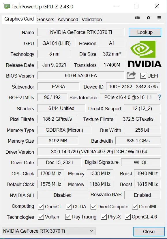 EVGA GeForce RTX 3070 Ti XC3 ULTRA GAMING GPUz overclocked settings