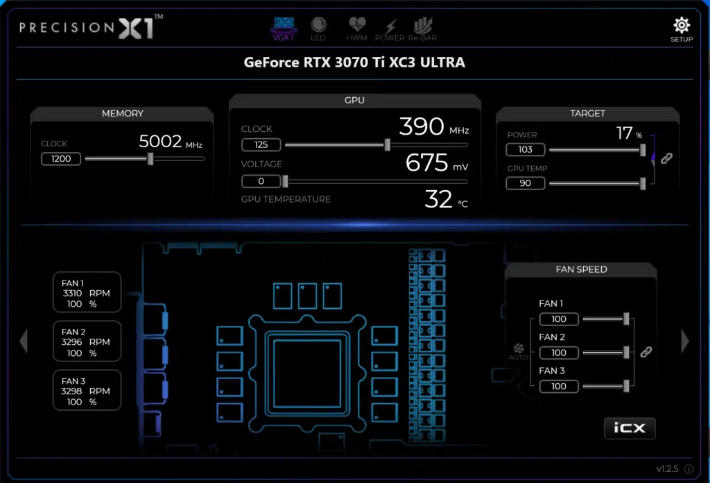 EVGA GeForce RTX 3070 Ti XC3 ULTRA GAMING Precision X1 overclocked settings