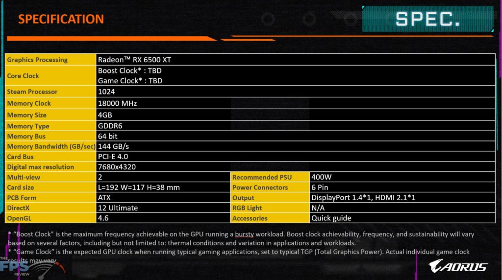 GIGABYTE Radeon RX 6500 XT EAGLE 4G press deck specifications