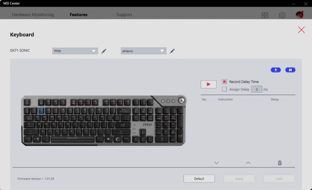MSI Center Gaming Gear Macro Key Selected