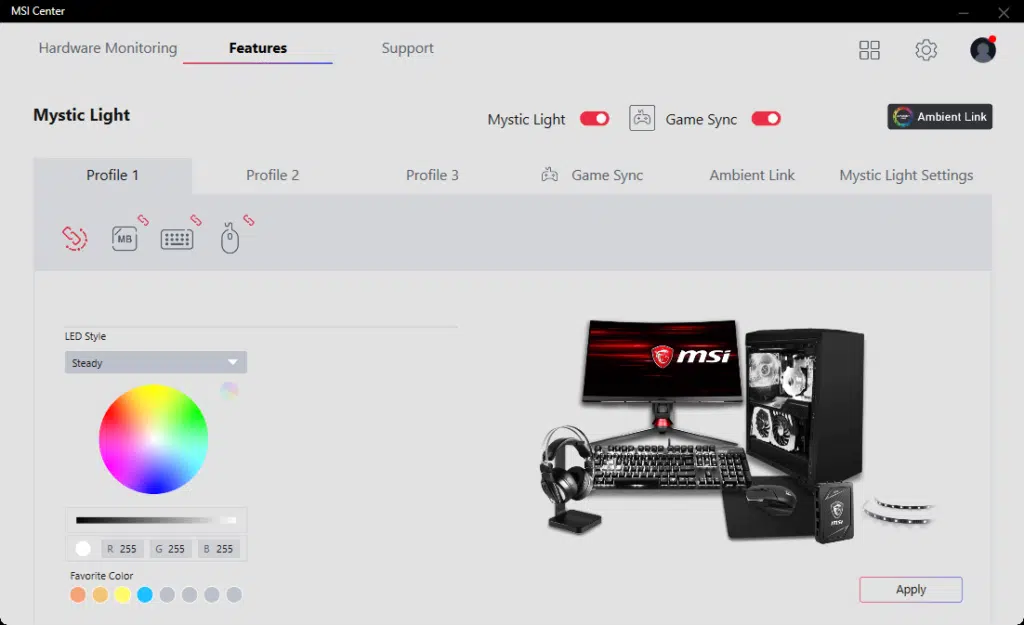 MSI Center Mystic Light Z490 and GK71 Sonic and GM41 Wireless Syncd