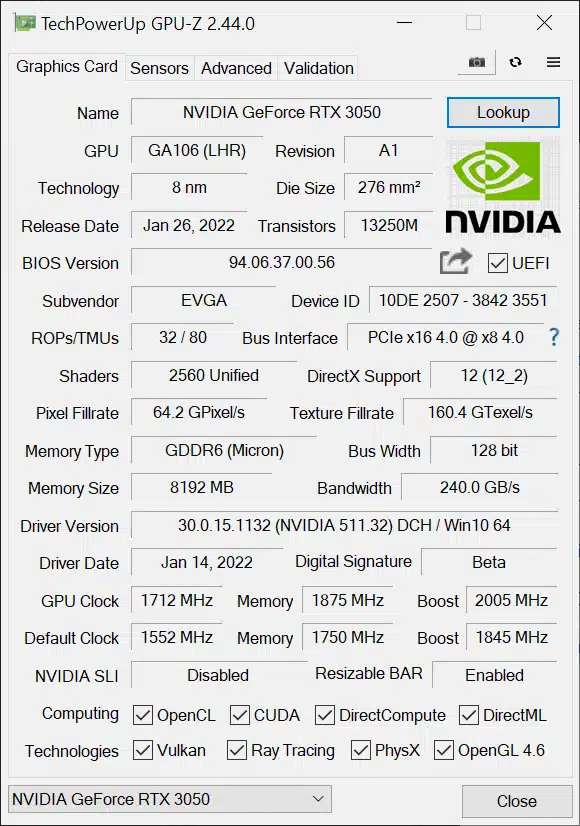 EVGA GeForce RTX 3050 XC BLACK GAMING video card overclocked GPUz