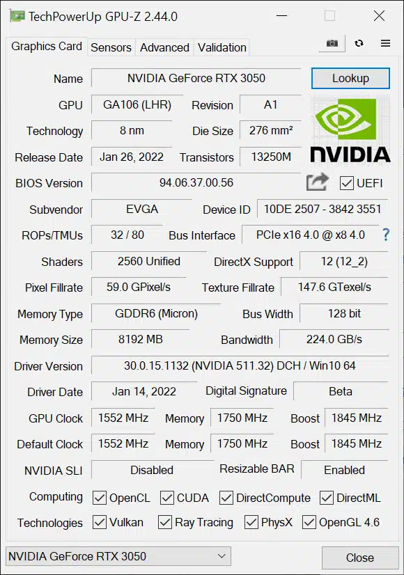 EVGA GeForce RTX 3050 XC BLACK GAMING video card GPUz default