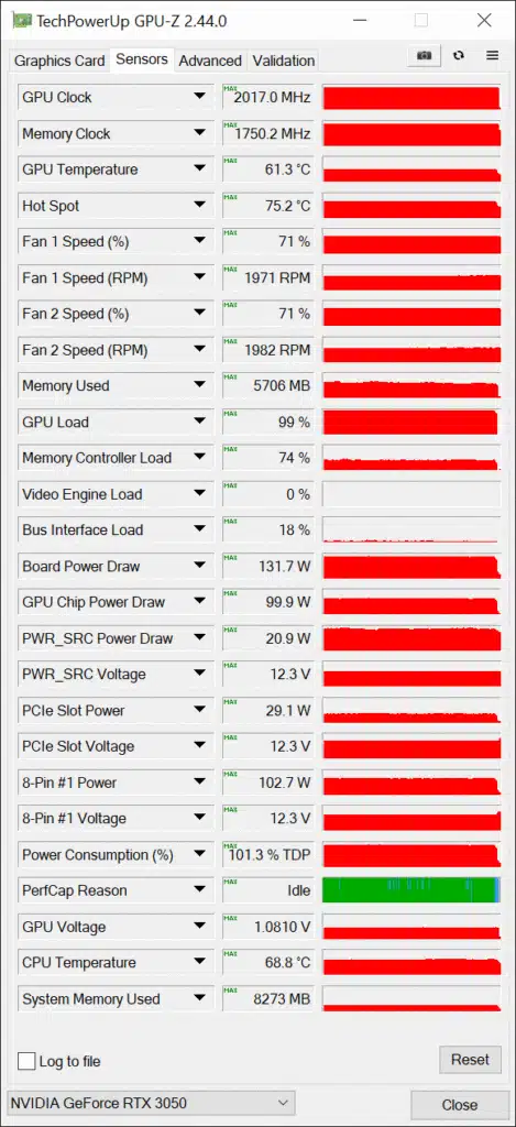 EVGA GeForce RTX 3050 XC BLACK GAMING video card GPUz sensor data default