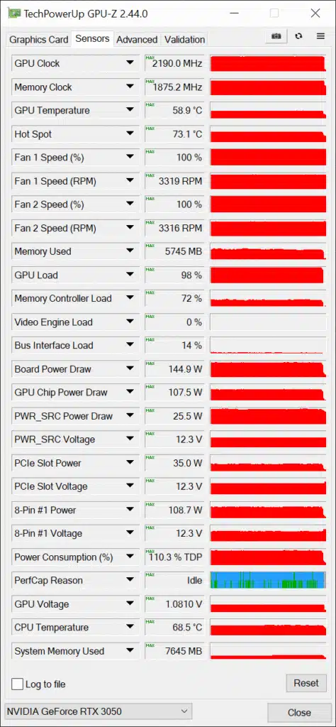 EVGA GeForce RTX 3050 XC BLACK GAMING video card overclocked GPUz sensor data