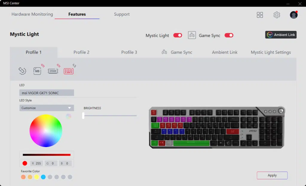 MSI Center Mystic Light Individual Key Lighting Selection