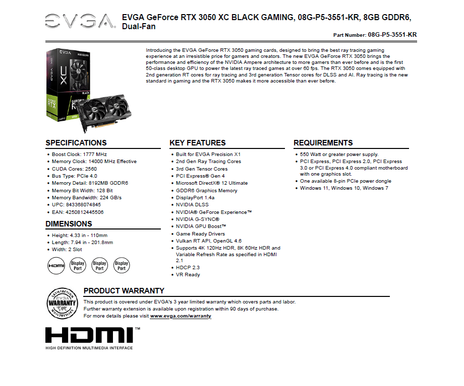 EVGA GeForce RTX 3050 XC BLACK GAMING product sheet
