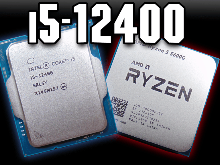Intel Core i5-12400 CPU angled on the left and AMD Ryzen 5 5600G CPU angled on the right with i5-12400 text at the top