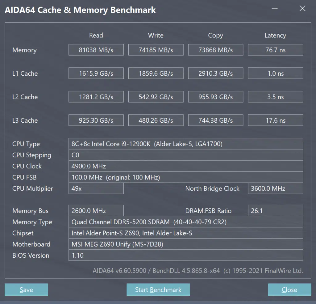 Intel Core i9-12900K CPU AIDA64 Cache & Memory Benchmark Screenshot