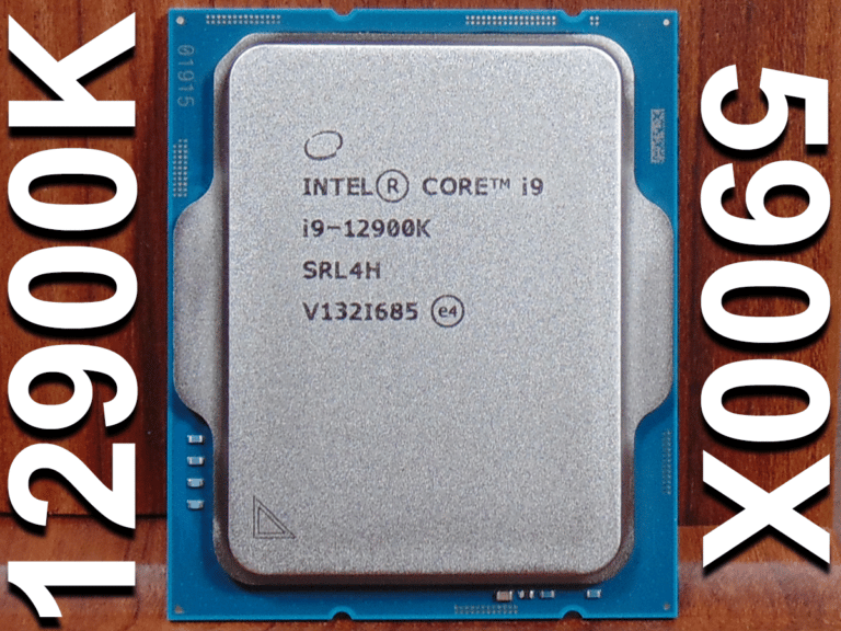 Intel Core i9-12900K CPU Closeup with 12900K text on left side and 5900X text on right side