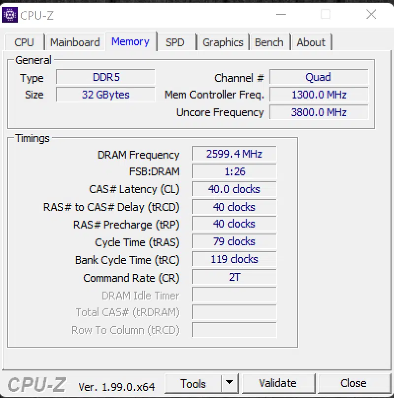 Intel Core i5-12400 CPUz Memory Screenshot