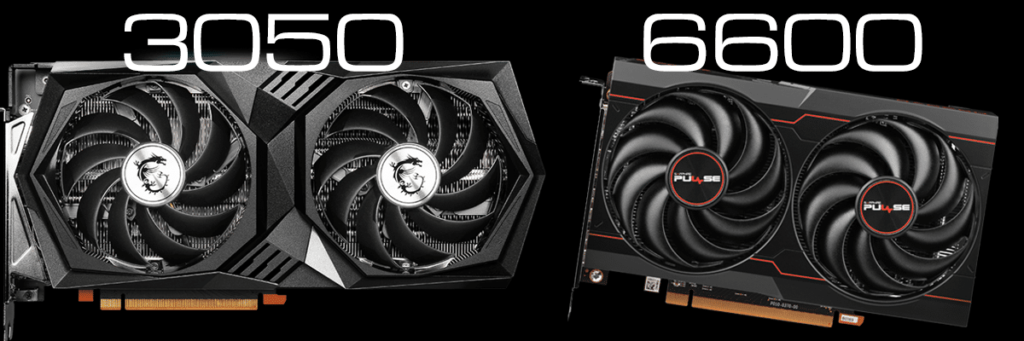 MSI GeForce RTX 3050 GAMING X video card front view on left side and SAPPHIRE PULSE Radeon RX 6600 GAMING video card front view on right side with 3050 and 6600 text above on black background