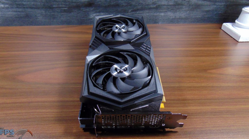 MSI GeForce RTX 3050 GAMING X Video Card Laying On Table Top End Top View