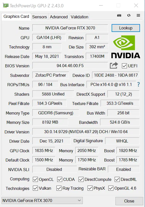 ZOTAC GAMING GeForce RTX 3070 AMP Holo LHR GPUZ overclocked settings