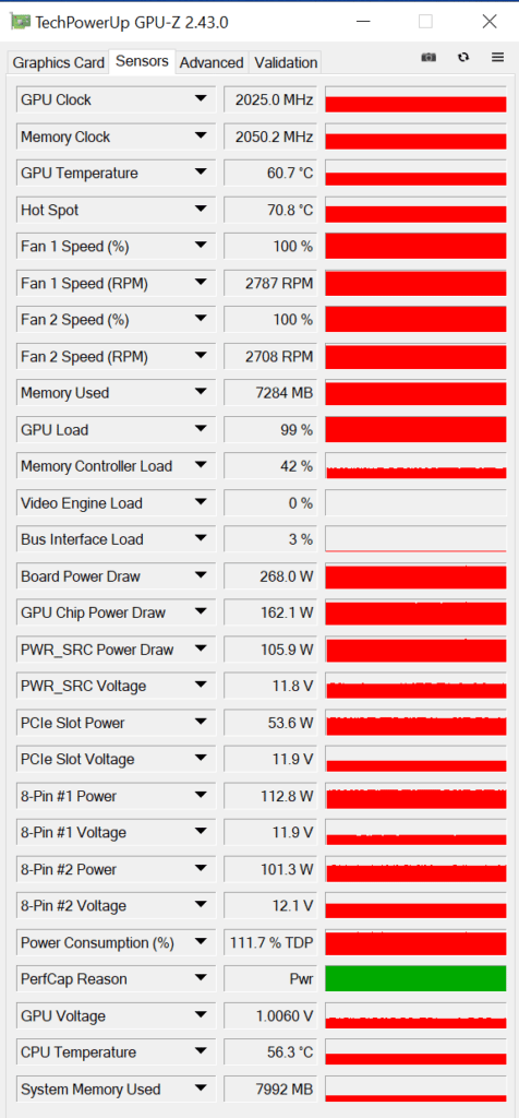 ZOTAC GAMING GeForce RTX 3070 AMP Holo LHR GPUZ card stats while overclocked