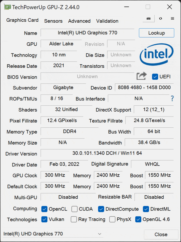 Intel Core i9-12900K Intel UHD Graphics 770 GPUz Screenshot