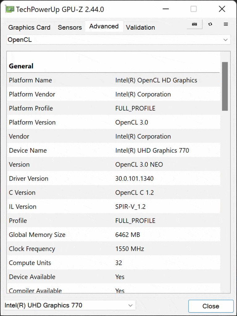 Intel Core i9-12900K Intel UHD Graphics 770 GPUz OpenCL Screenshot