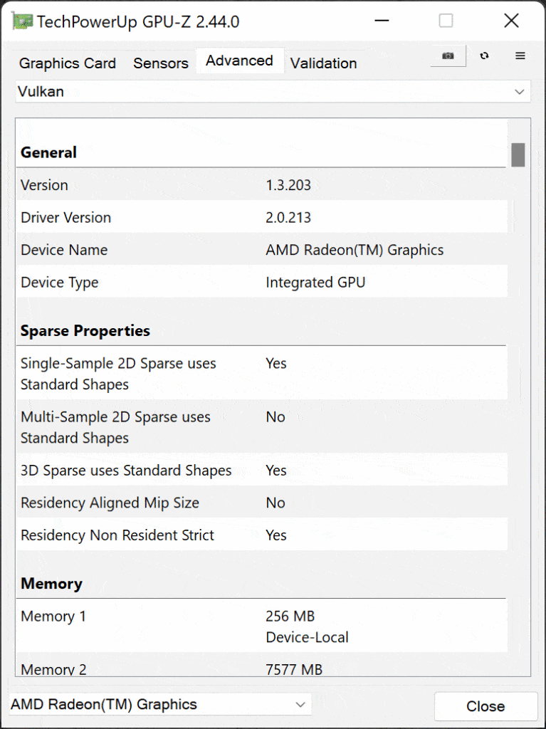 AMD Ryzen 7 5700G with Vega 8 Graphics GPUz Vulkan Screenshot