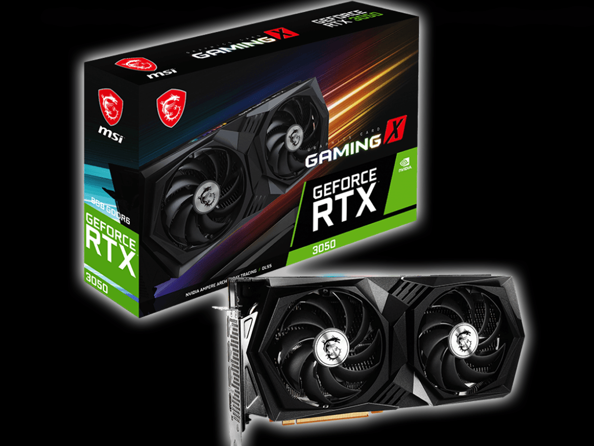 MSI GeForce RTX 3050 GAMING X Video Card and Box on Black Background