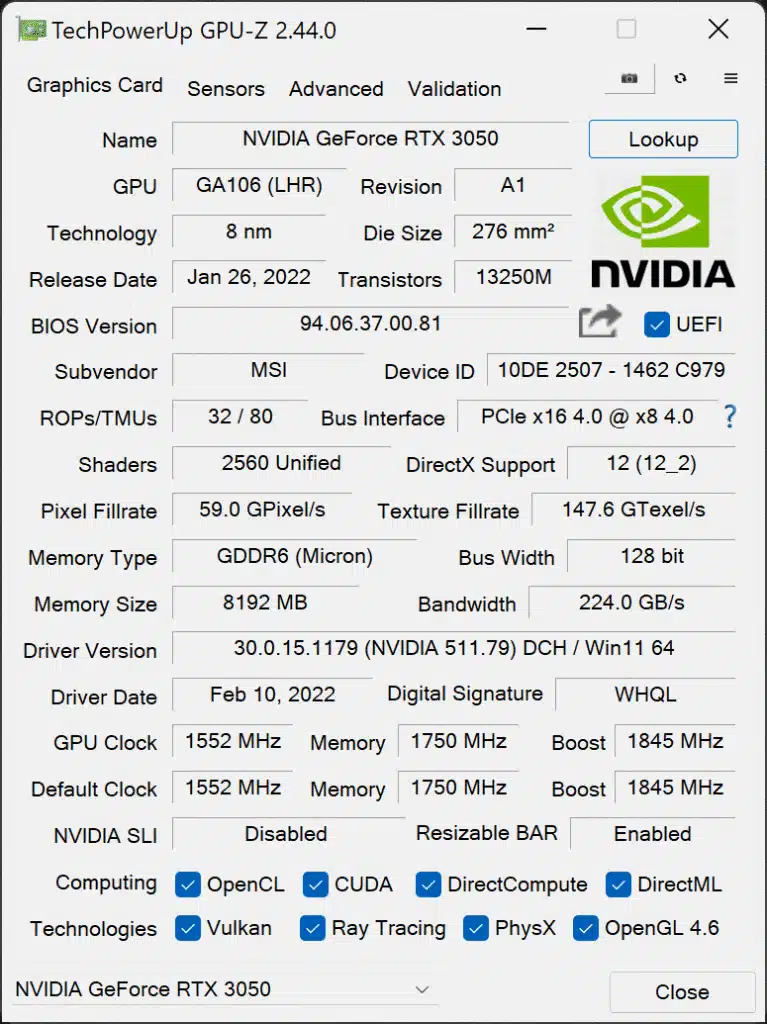 MSI GeForce RTX 3050 GAMING X Video Card Review GPU-Z Default Screenshot