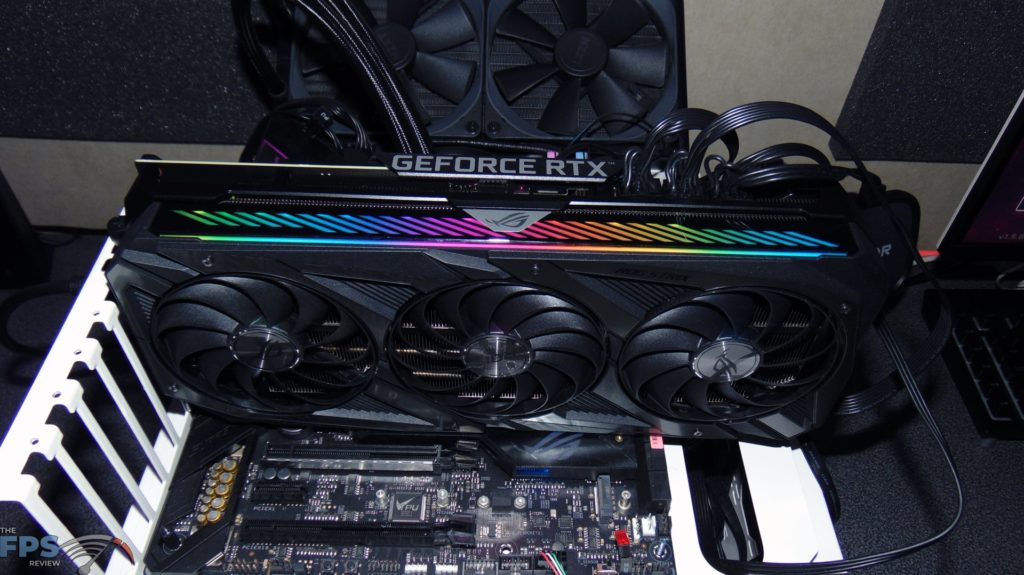 ASUS ROG STRIX GeForce RTX 3080 Ti O12G GAMING video card top view installed in computer