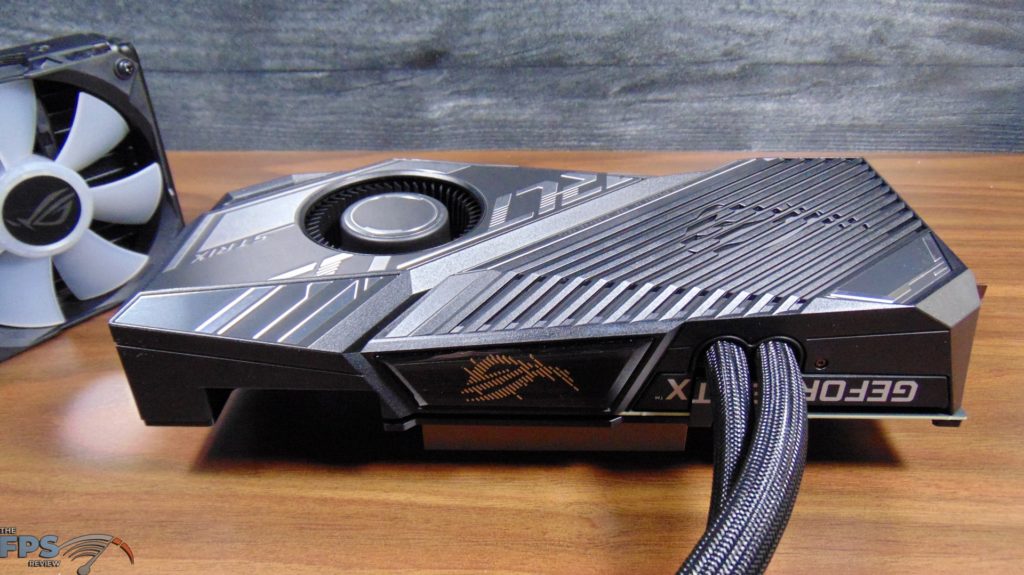 ASUS ROG STRIX LC RTX 3080 Ti O12G GAMING video card top view turned around 
