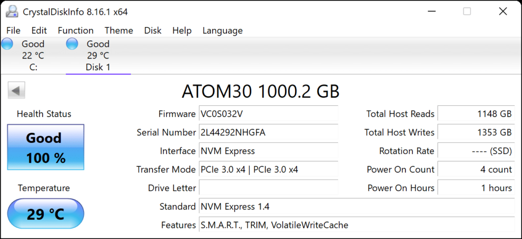 XPG ATOM 30 SSD CrystalDiskInfo Screenshot