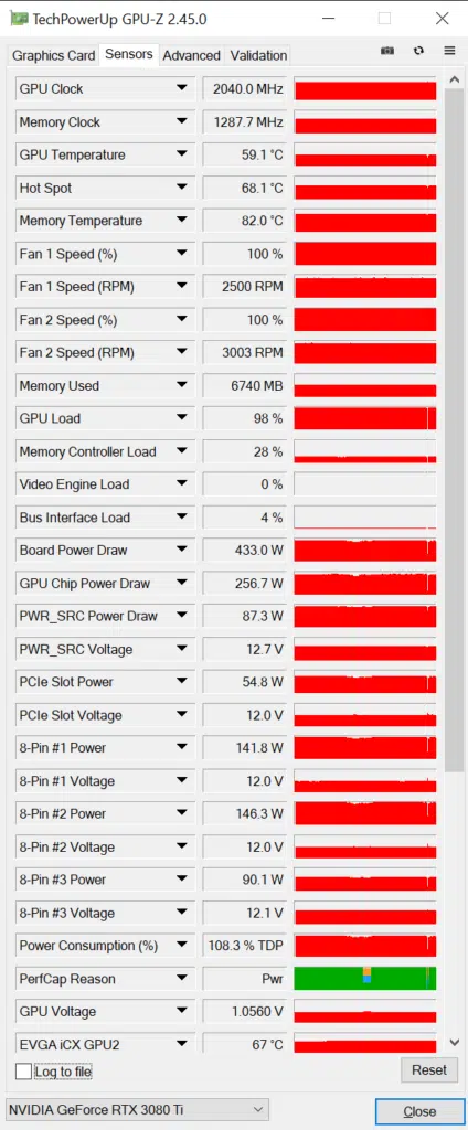 EVGA GeForce RTX 3080 Ti FTW3 ULTRA HYBRID GAMING overclocked sensor data
