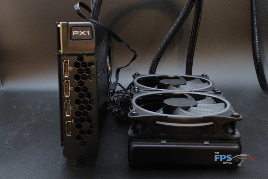 EVGA GeForce RTX 3080 Ti FTW3 ULTRA HYBRID GAMING connectors and radiator fan view