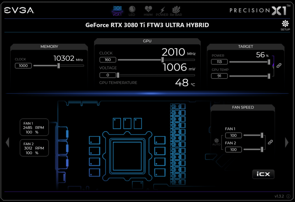 EVGA GeForce RTX 3080 Ti FTW3 ULTRA HYBRID GAMING precision x overclocking configuration