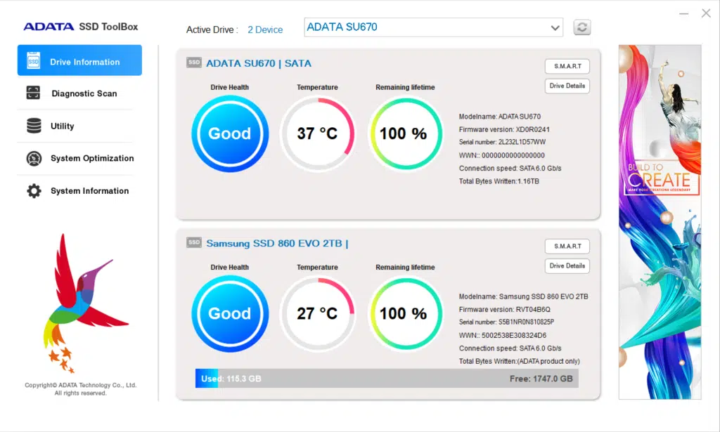 ADATA SSD ToolBox Drive Information Screenshot