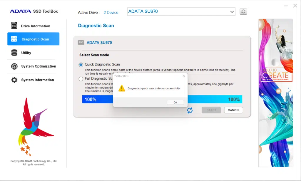 ADATA SSD ToolBox Diagnostic Scan Screenshot