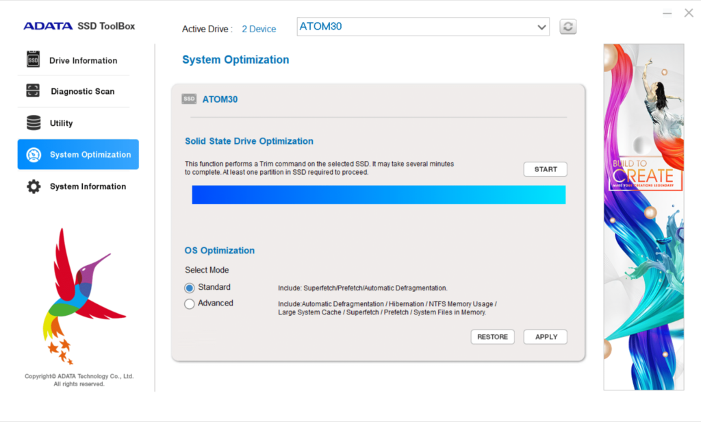 ADATA SSD ToolBox System Optimization Screenshot