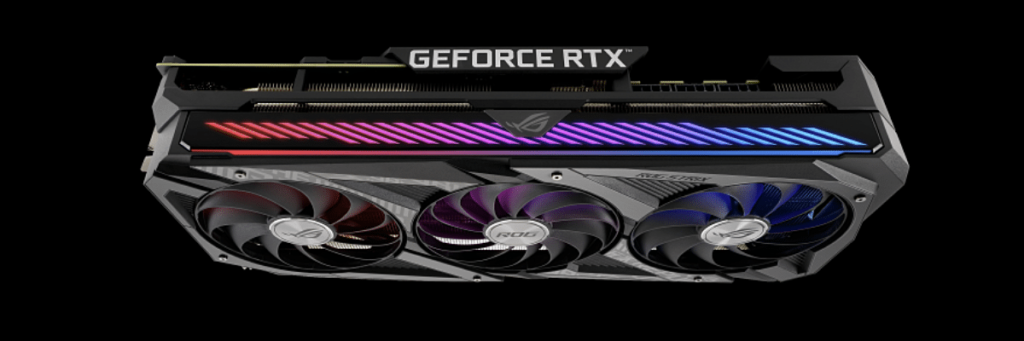 ASUS ROG STRIX GeForce RTX 3080 Ti O12G GAMING video card top view with RGB lit up